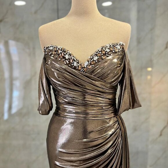 Bronze Metallic Off Shoulder Formal Gown - Picture 2 of 4
